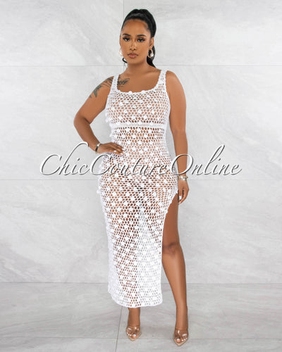 *Shada Off-White Sequins Crochet Cover-Up Maxi Dress