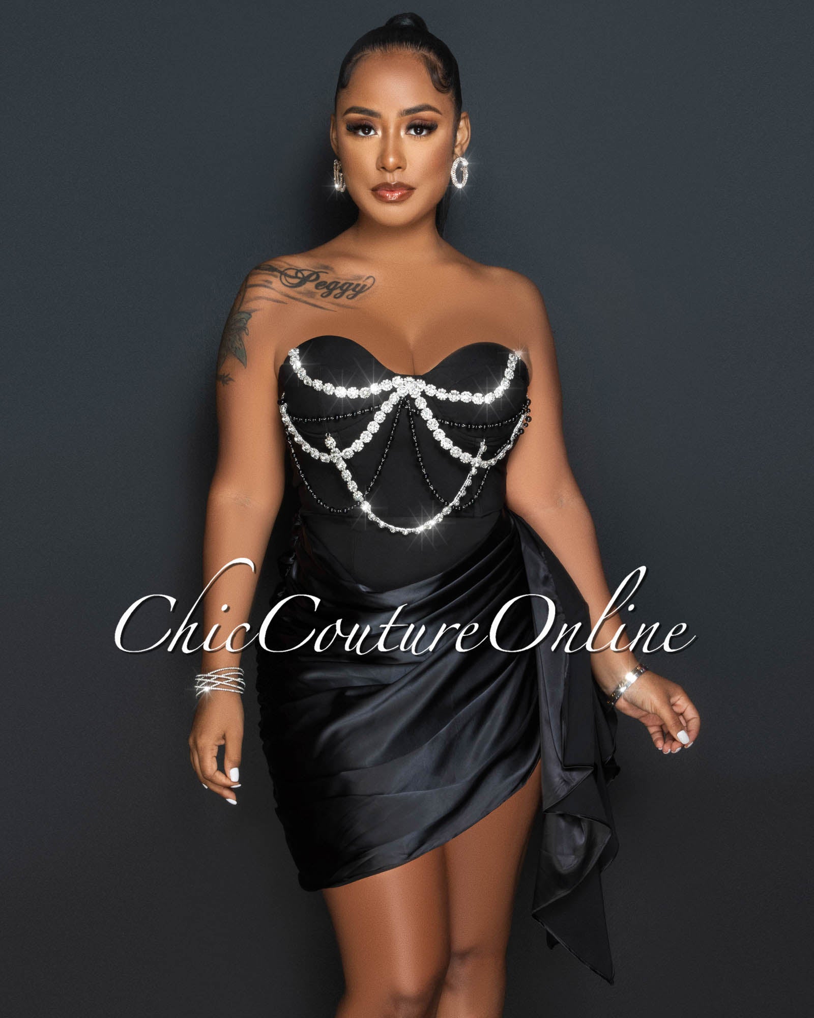 *Janel Black Rhinestones Silky Draped Overlay Bodysuit Dress