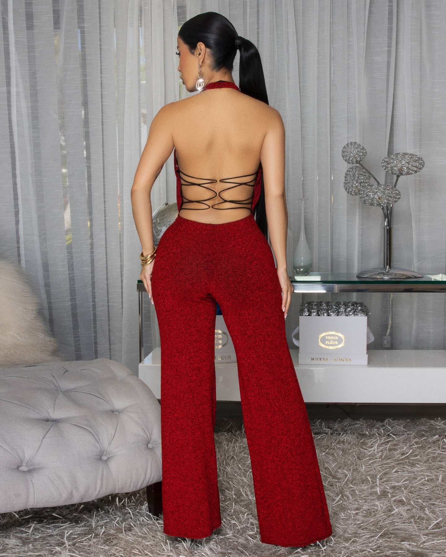 Lena Red Shimmer Backless Jumpsuit