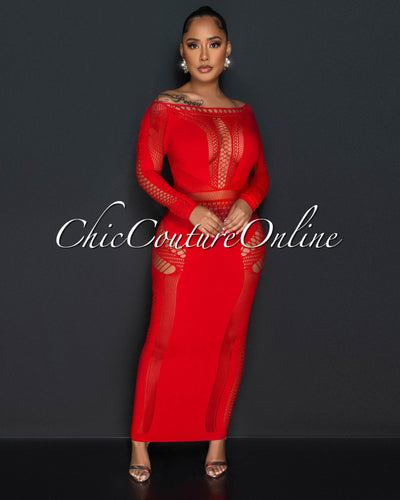 Rosnie Red Mesh Perforated Body-Con Maxi Dress