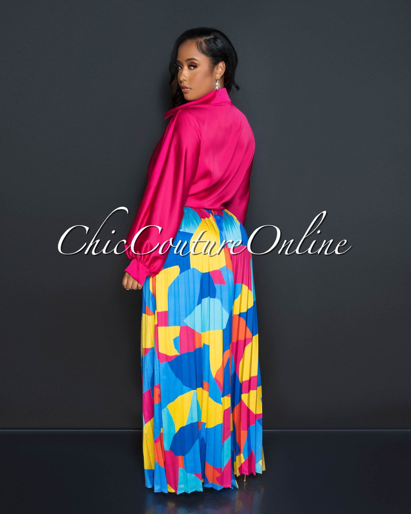 *Lionza Multi-Color Print Pleated Wide Silky Pants