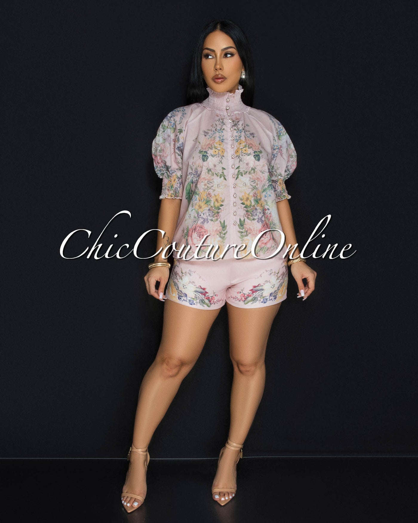 Loxana Blush Floral Print Top & Belted Shorts Set