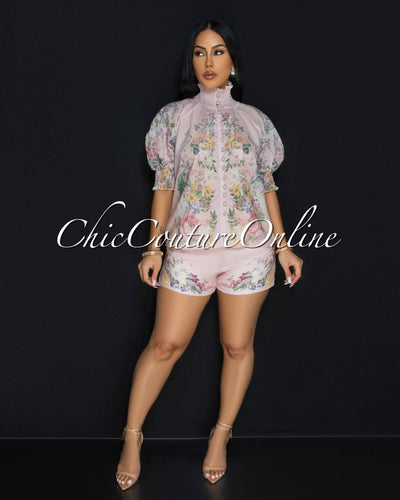 Loxana Blush Floral Print Top & Belted Shorts Set