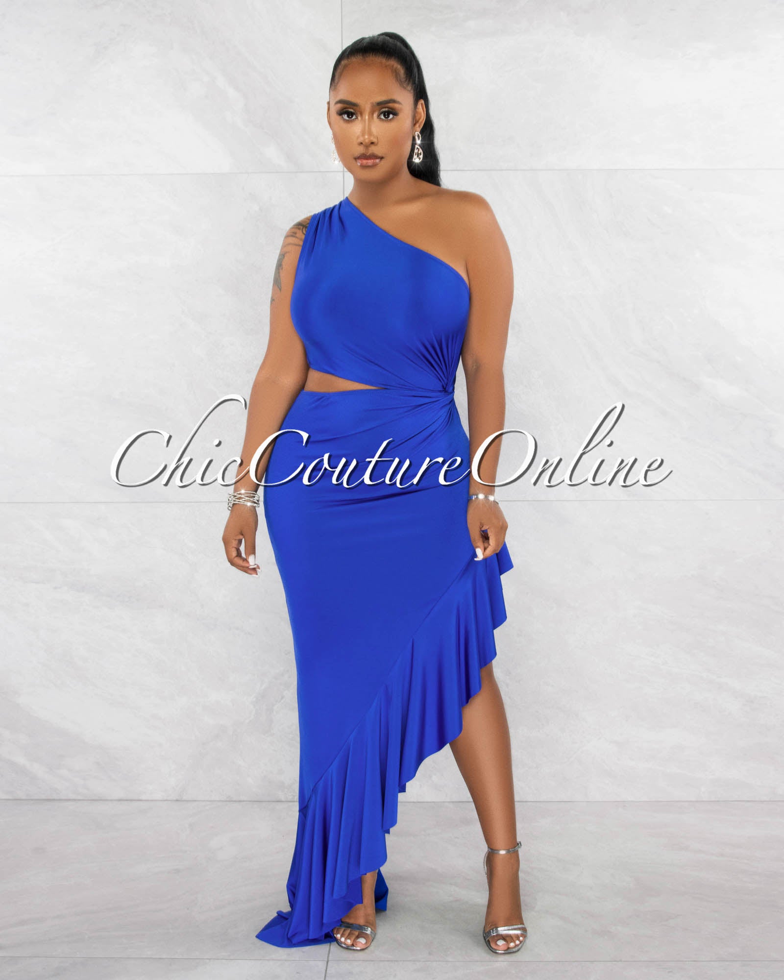 Nilia Royal Blue Cut-Out Hi-Lo Ruffle Hem Maxi Dress