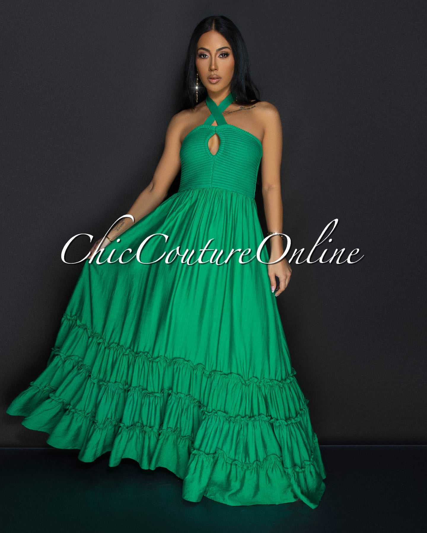 Indie Green Ribbed Halter Maxi Dress
