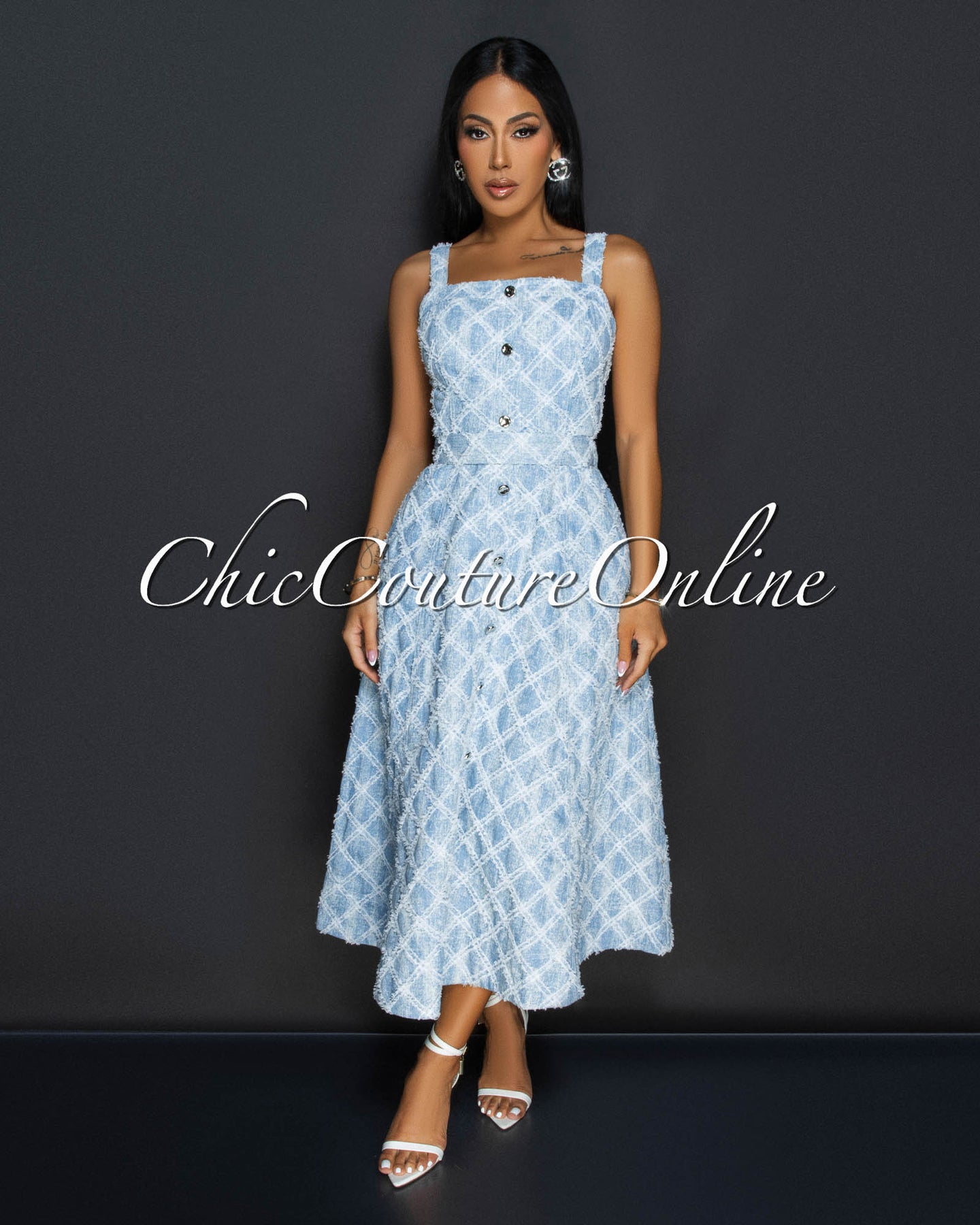 Kimiko Light Denim Distressed Midi Dress