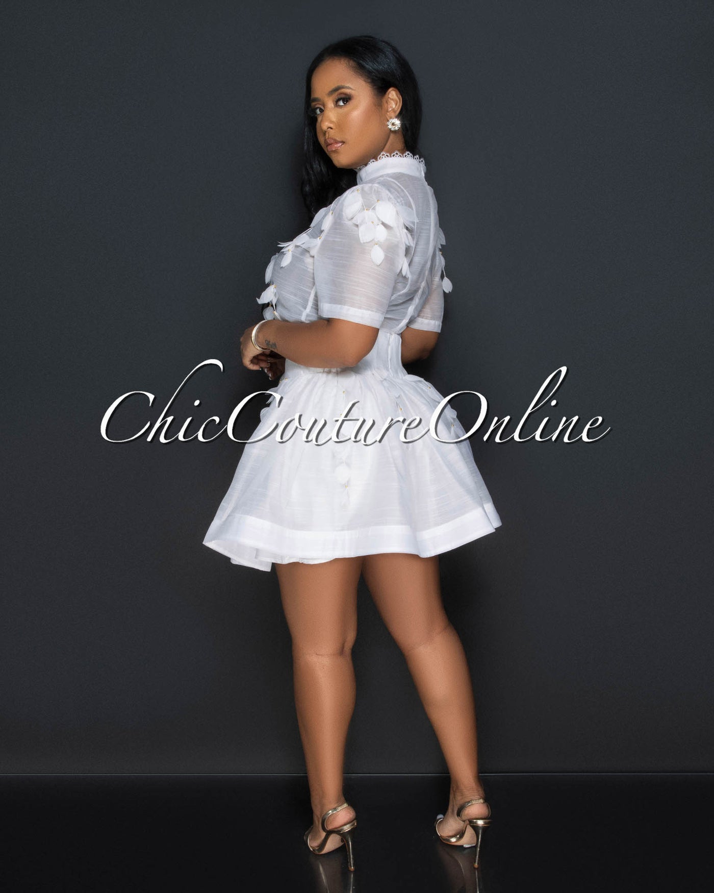 Fasta White Gold Accent Shirt & Flutter Skirt Set