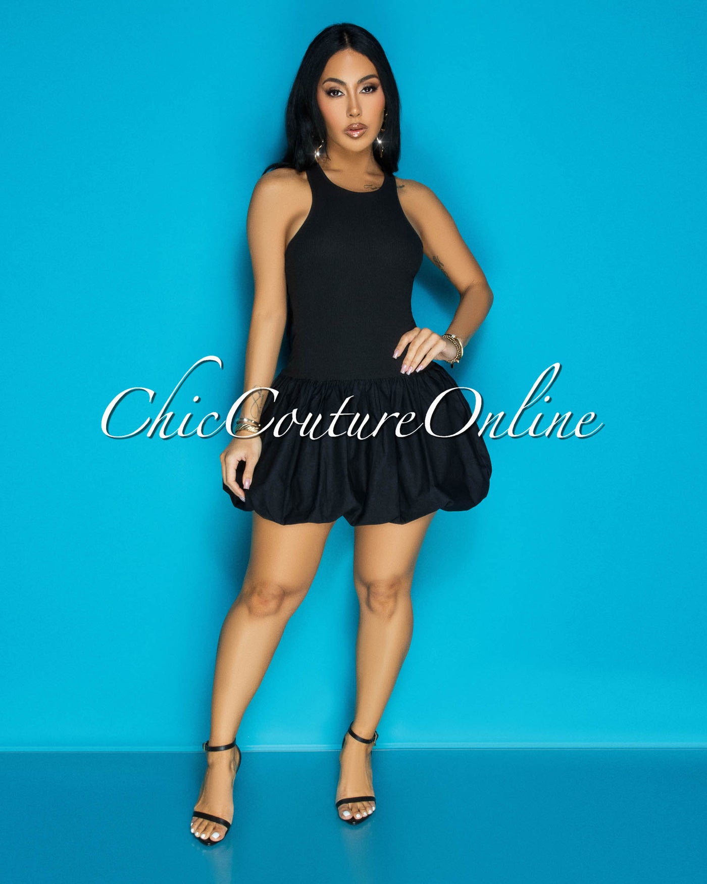 Donya Black Ribbed Bubble Mini Dress