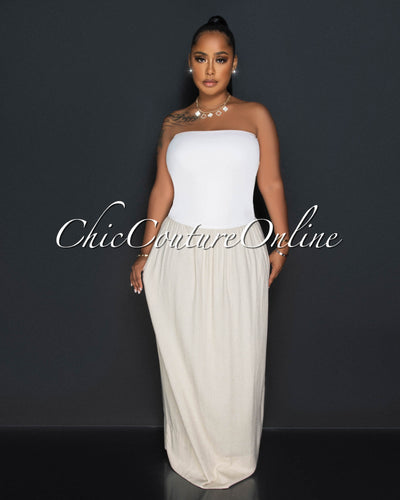 Faela White Ribbed Khaki Linen Strapless Maxi Dress