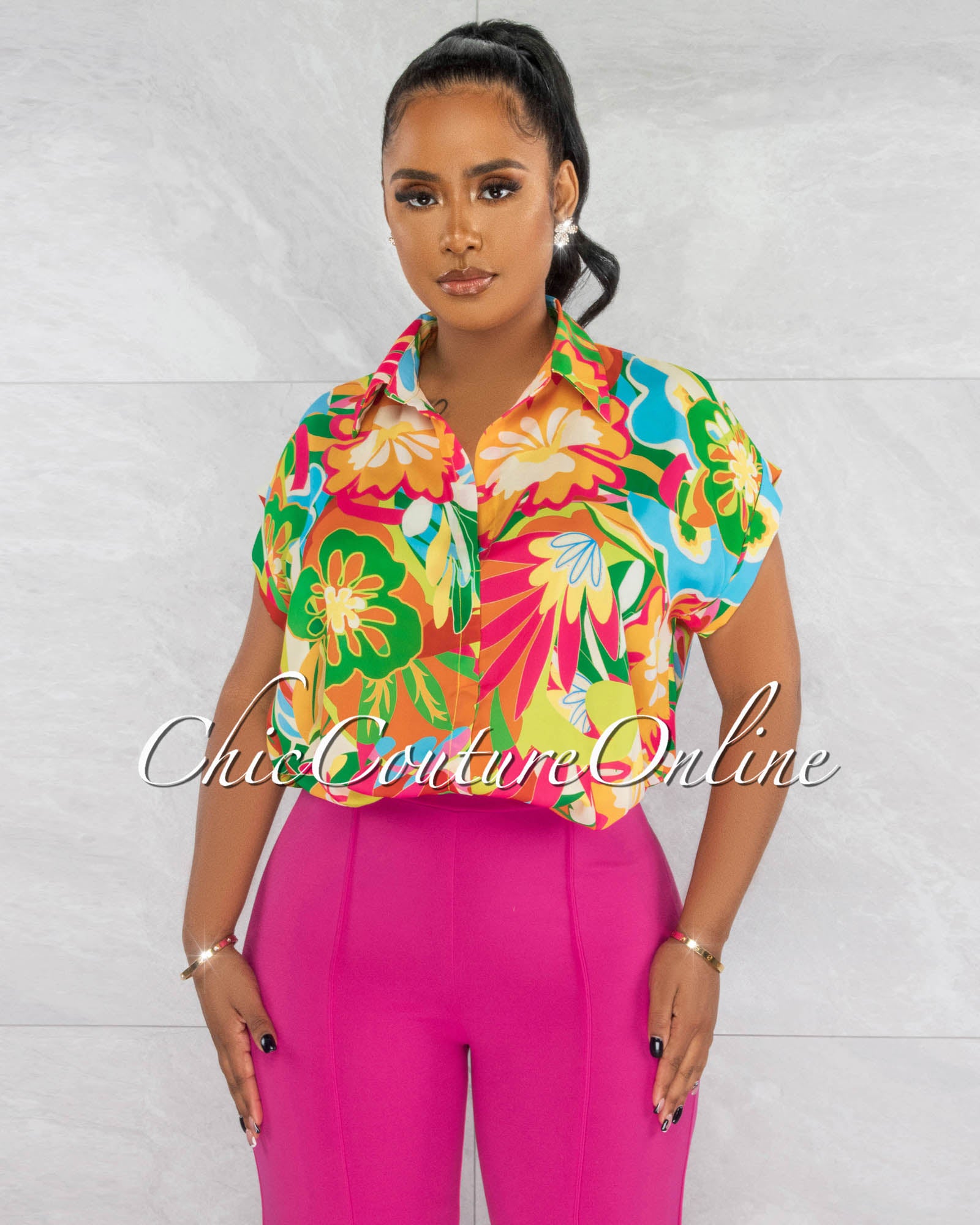 *Rezza Multi-Color Floral Print Collared Blouse