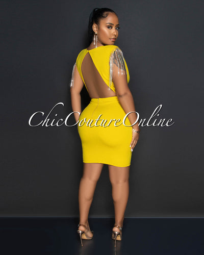Joniece Mustard Fringe Sleeves Décor Open Back Dress