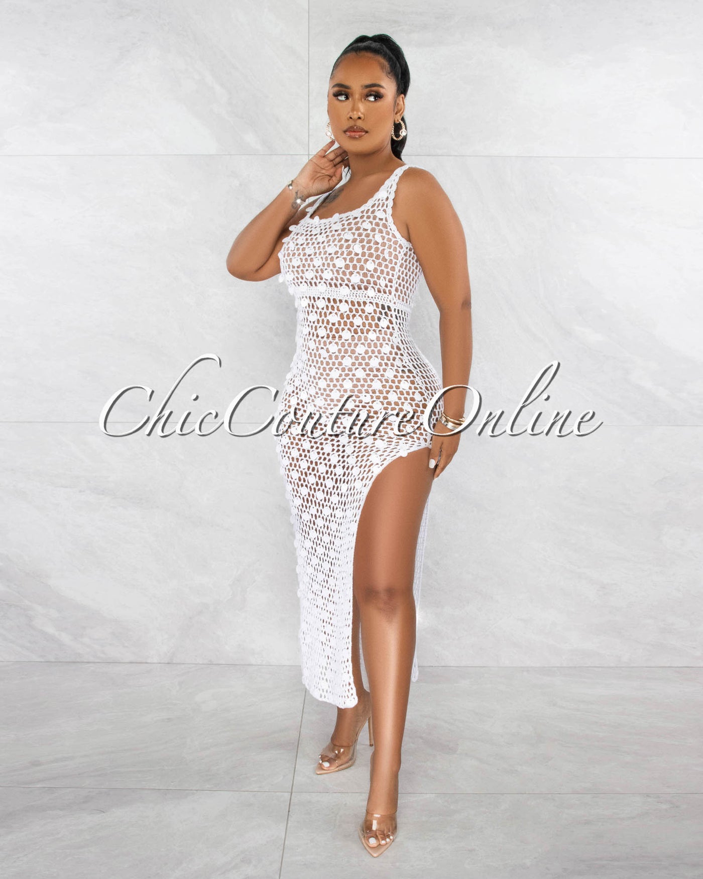 *Shada Off-White Sequins Crochet Cover-Up Maxi Dress