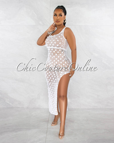 *Shada Off-White Sequins Crochet Cover-Up Maxi Dress
