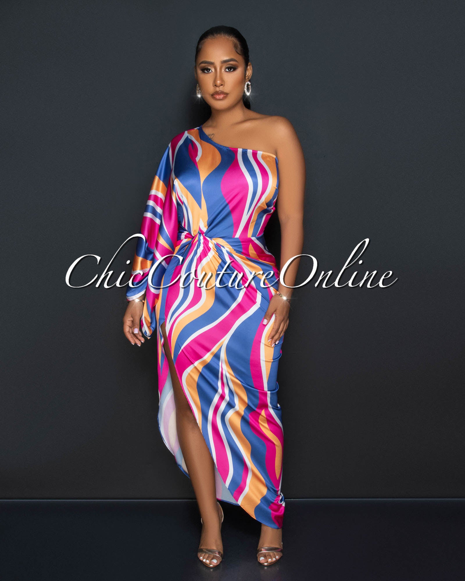 *Elida Purple Fuchsia Print Single Shoulder Maxi Dress