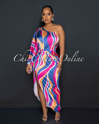 Elida Purple Fuchsia Print Single Shoulder Maxi Dress