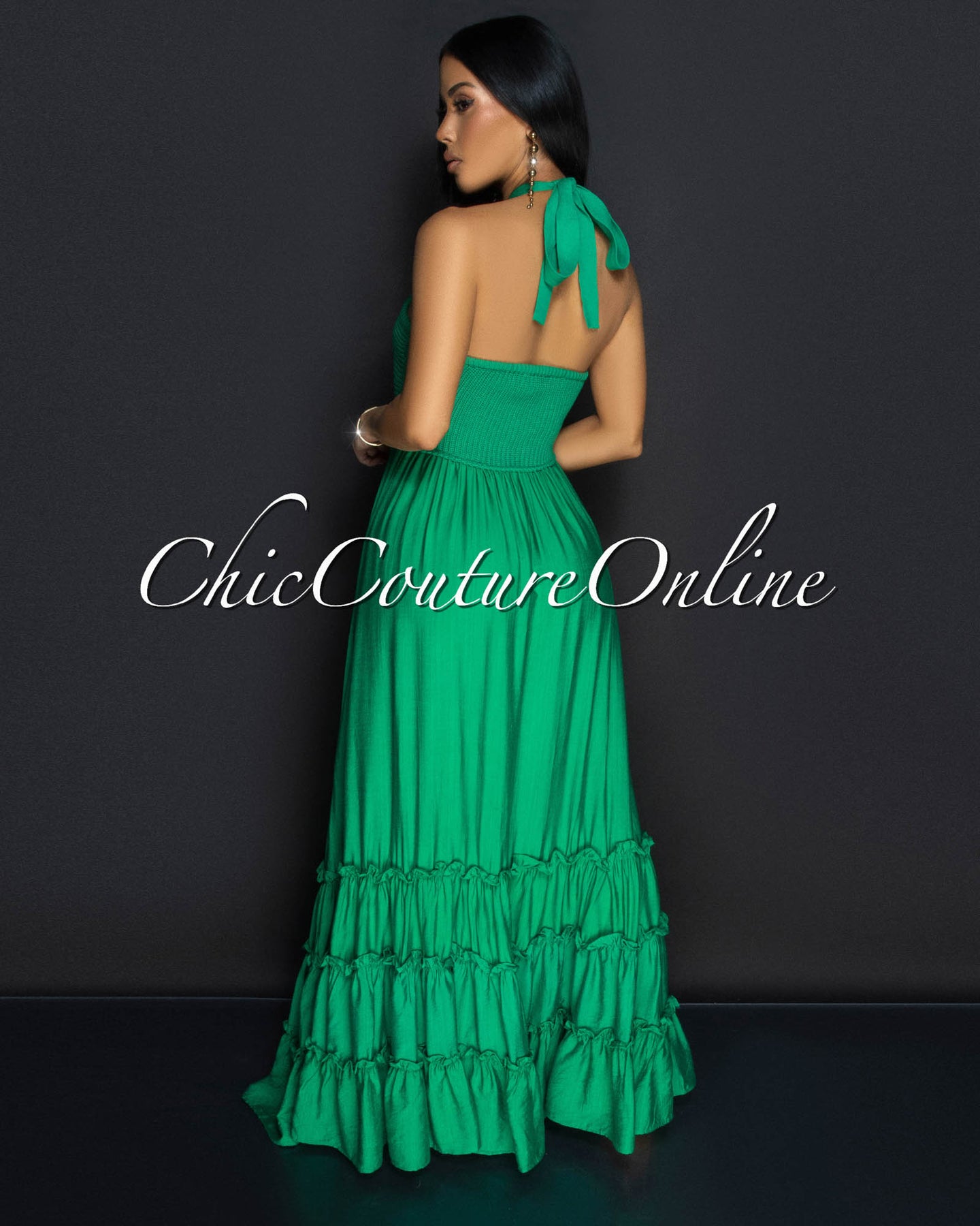 Indie Green Ribbed Halter Maxi Dress