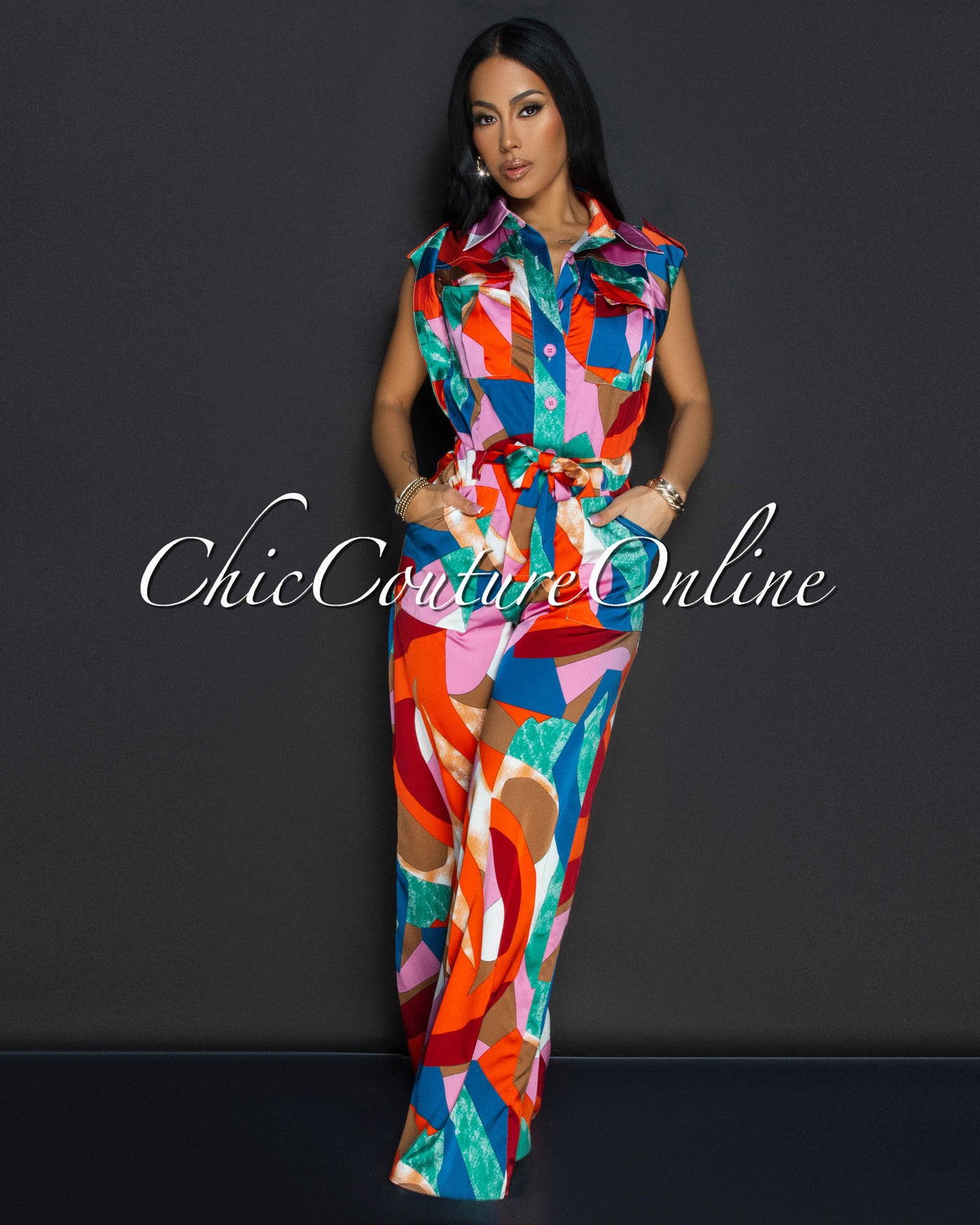 Kenji Red Color Block Cargo Silk Jumpsuit