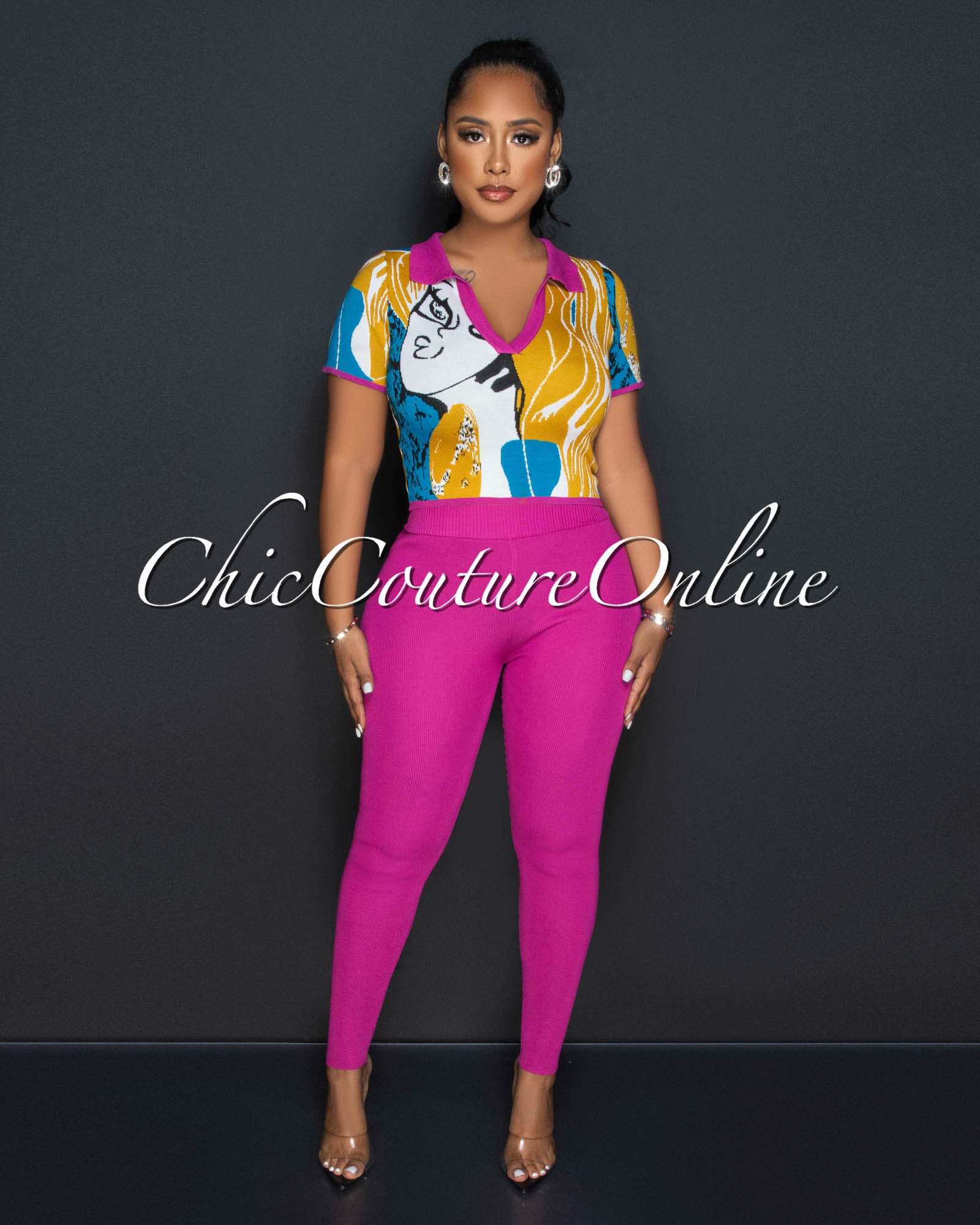 *Rony Fuchsia Multi-Color Print Crop Top & Leggings Knit Set