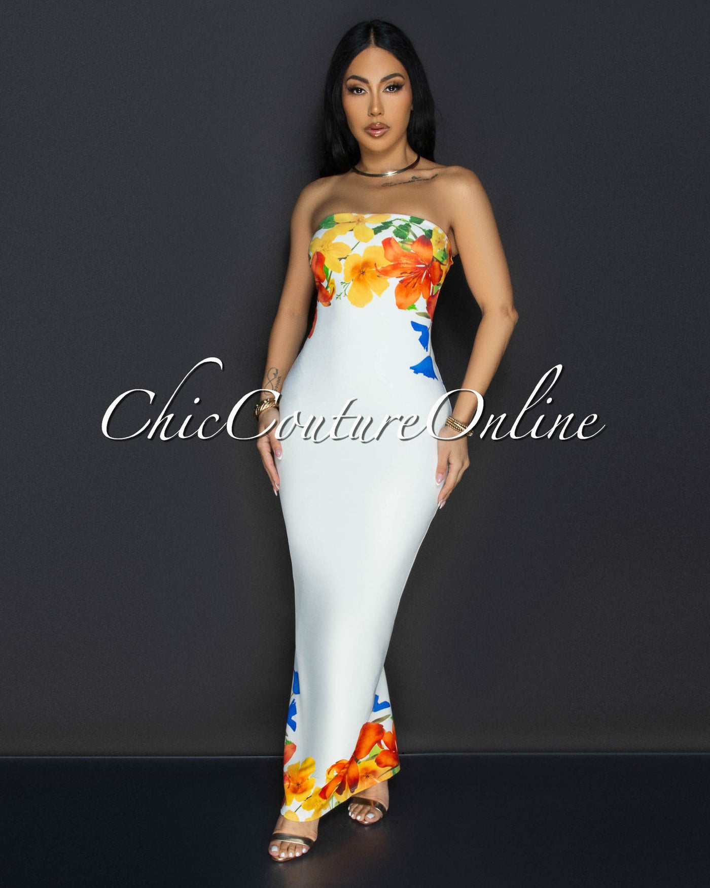 Iami Cream Floral Strapless Maxi Dress