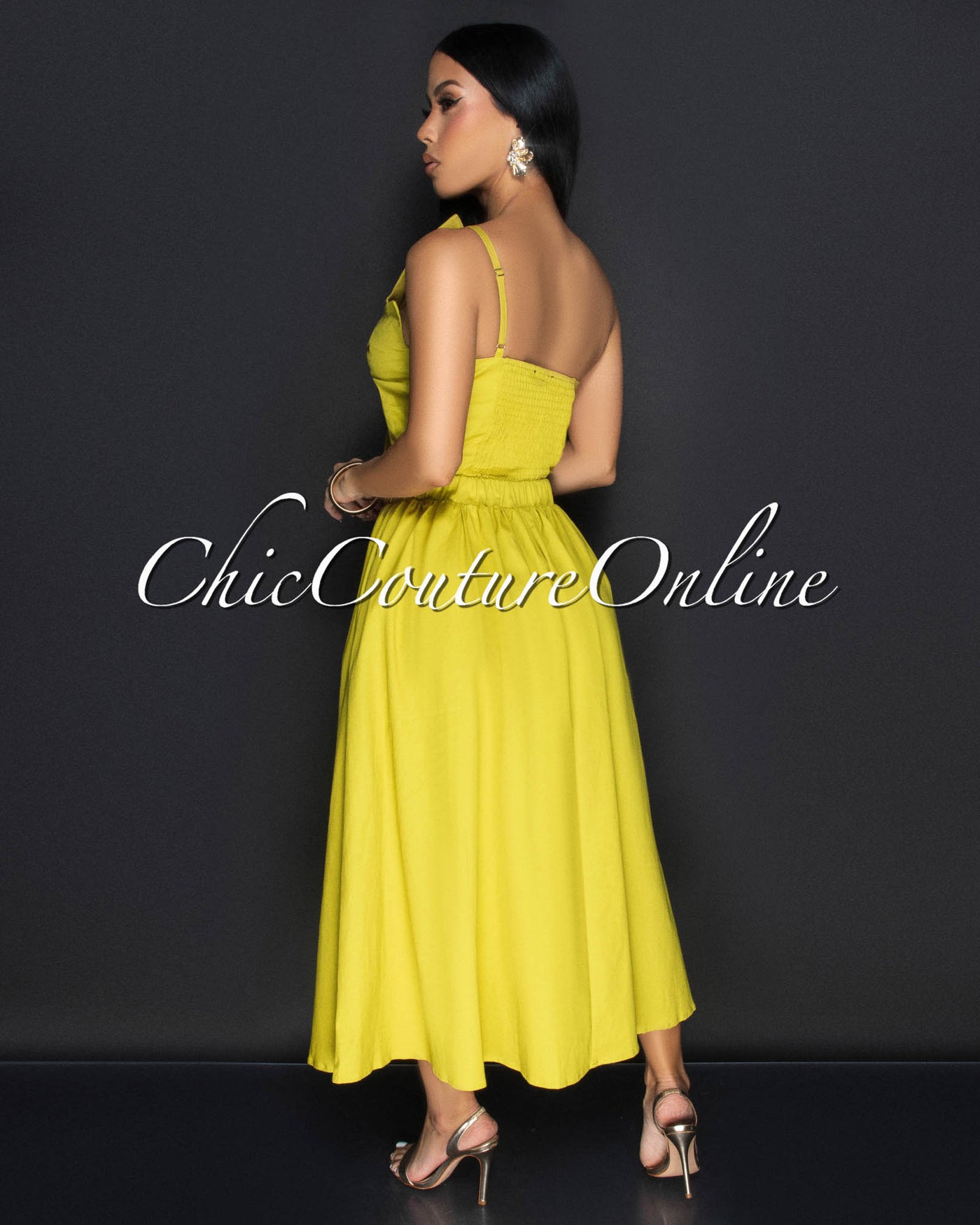 Sizaki Chartreuse Flower Spaghetti Strap Midi Dress