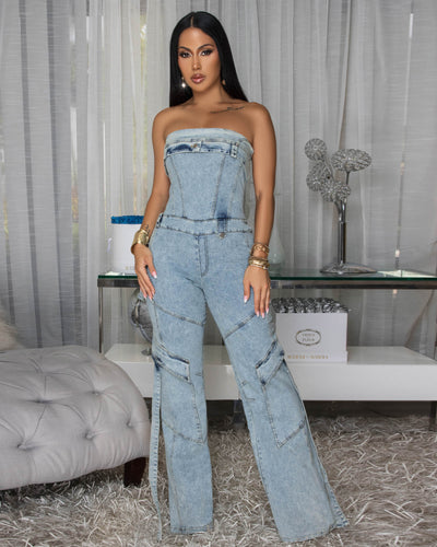 Orena Stone Acid Wash Denim Strapless Cargo Jumpsuit