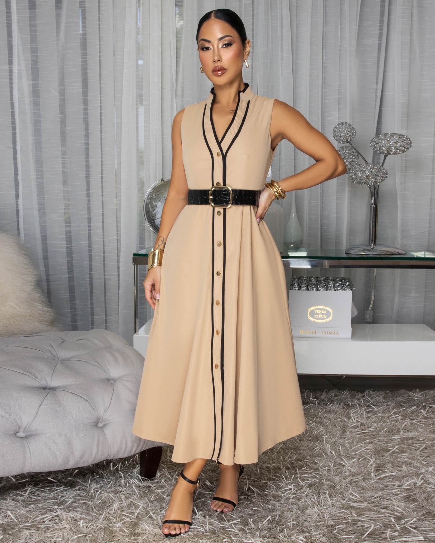 Mellie Nude Belted Midi Dress