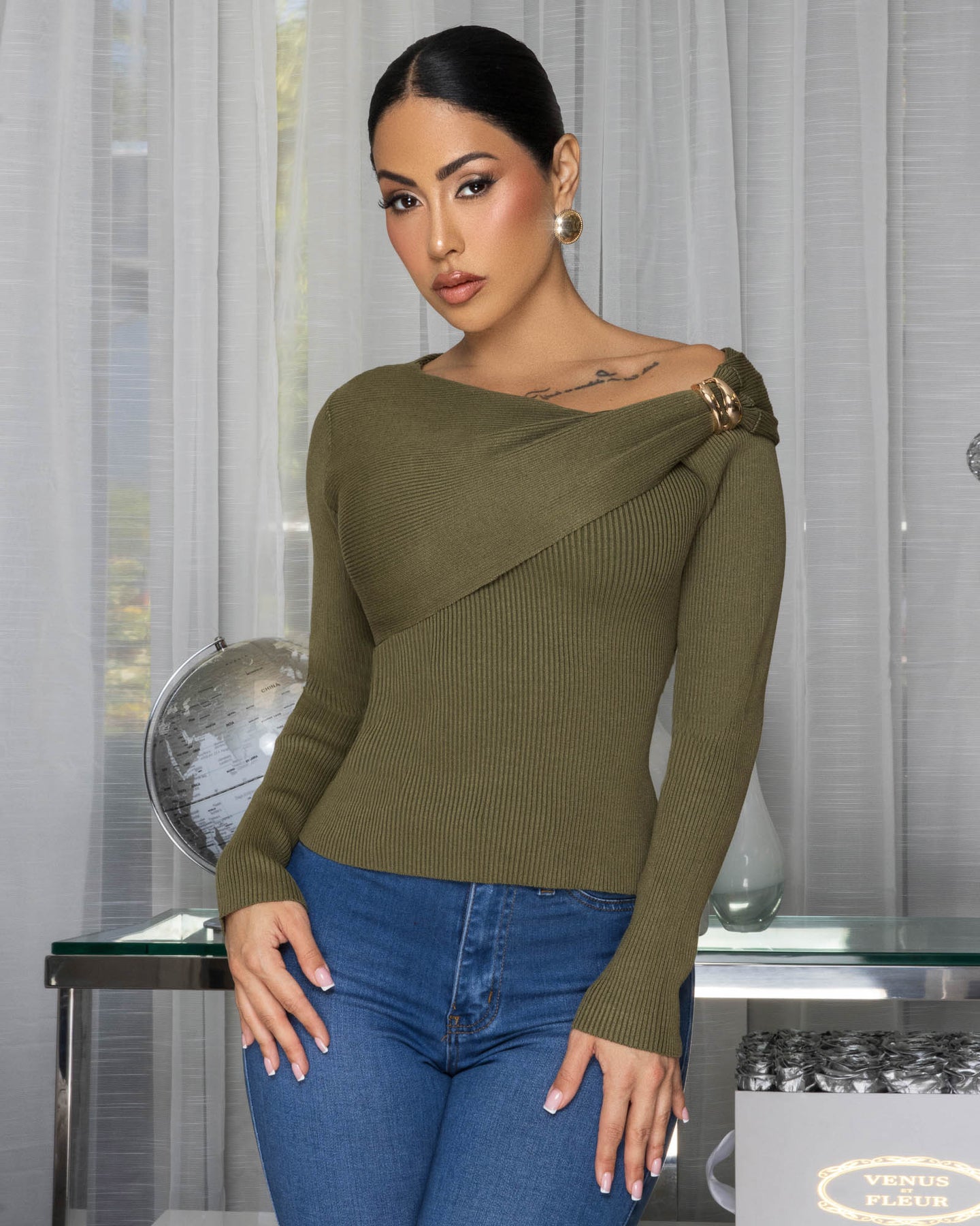 Klorane Olive Green Ribbed Sweater Top