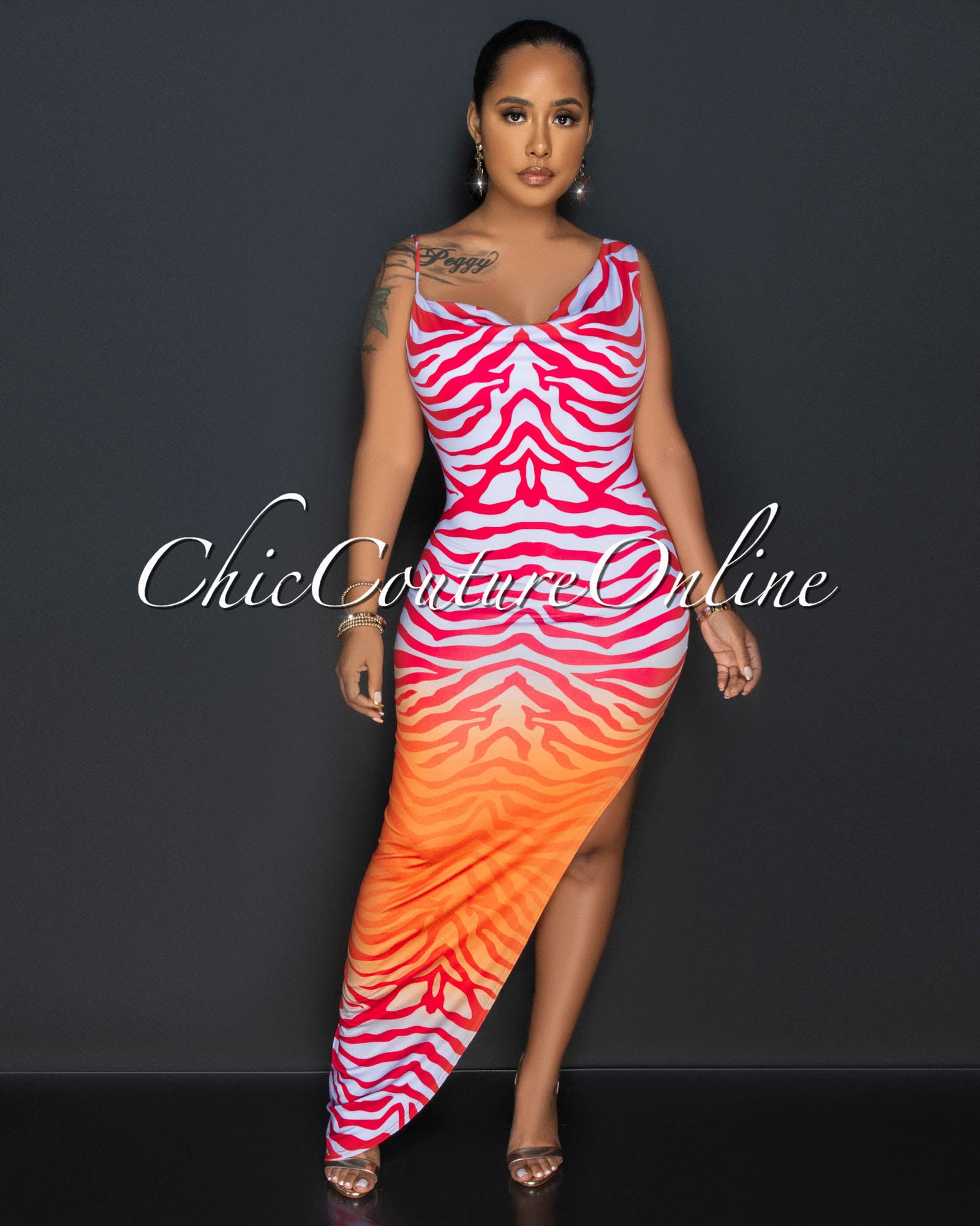 *Raizza Orange Lilac Print Leg Slit Maxi Dress