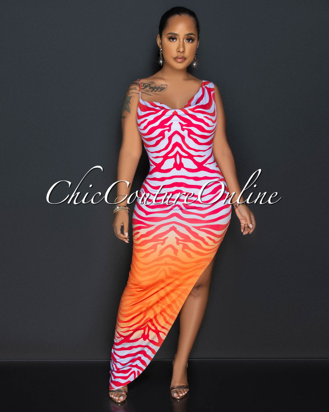 Raizza Orange Lilac Print Leg Slit Maxi Dress