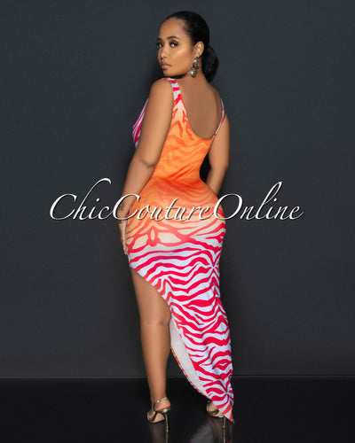 Raizza Orange Lilac Print Leg Slit Maxi Dress