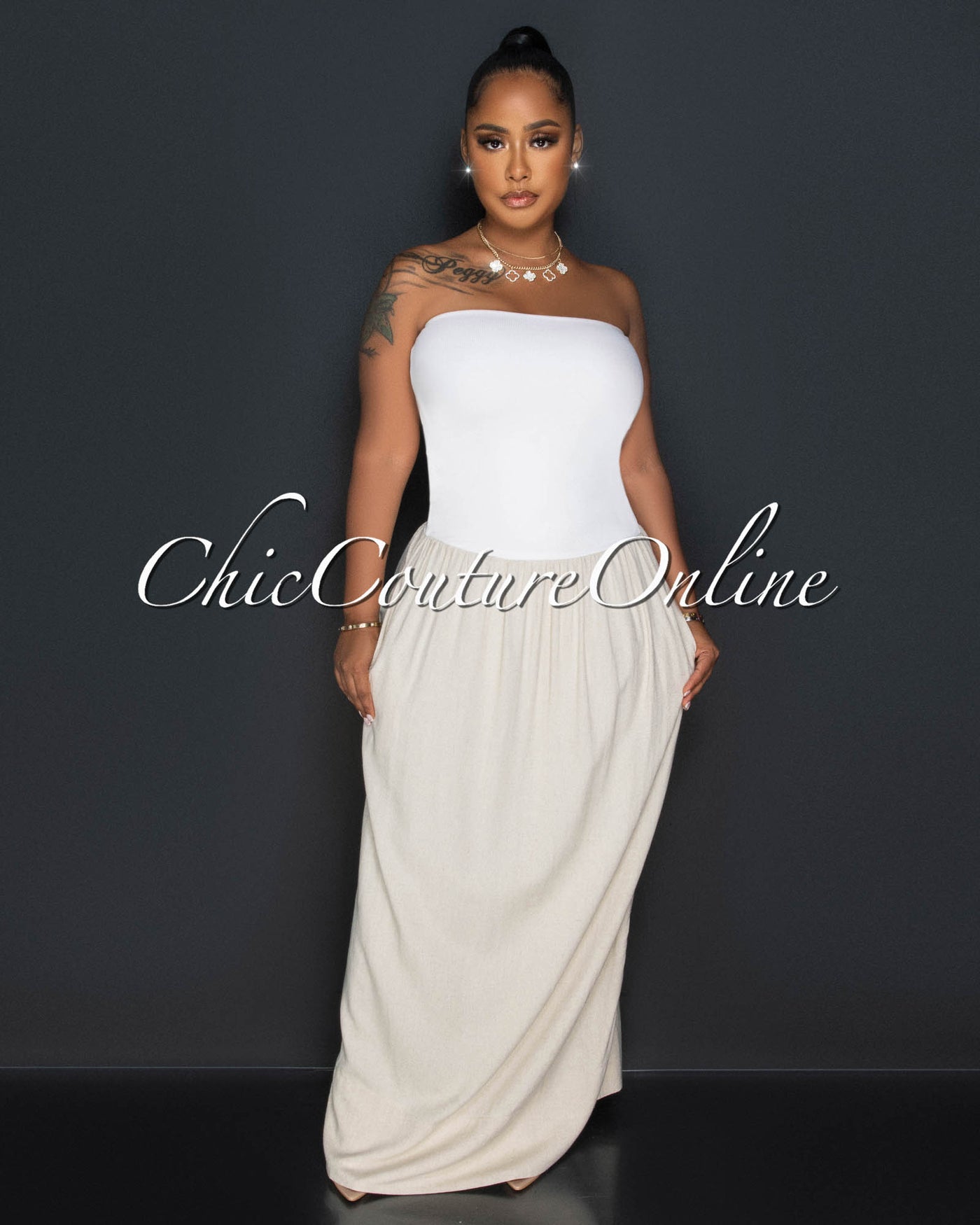 Faela White Ribbed Khaki Linen Strapless Maxi Dress
