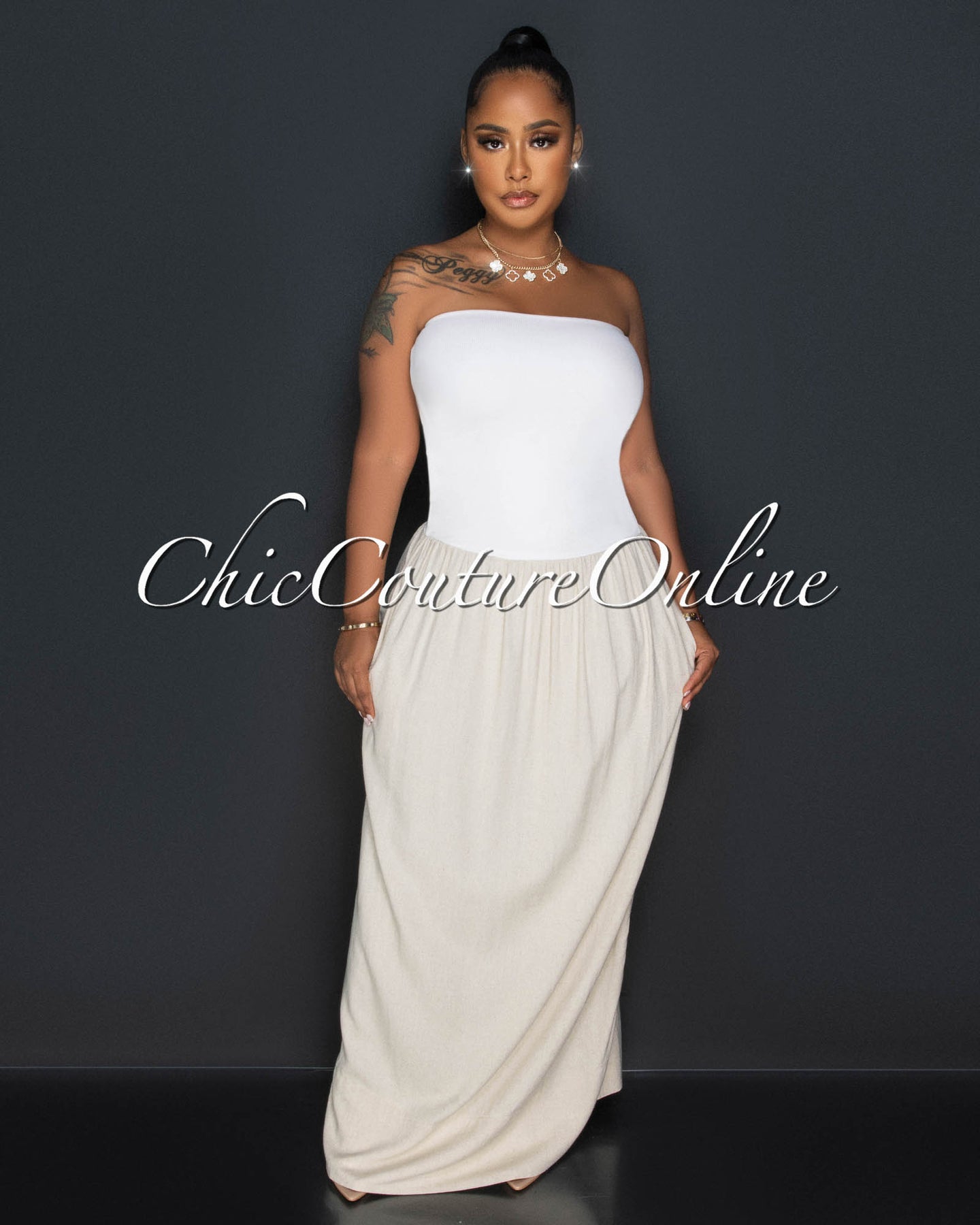 *Faela White Ribbed Khaki Linen Strapless Maxi Dress