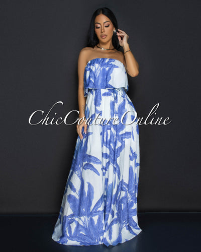 Lilla Blue White Ruffle Flared Midi Dress