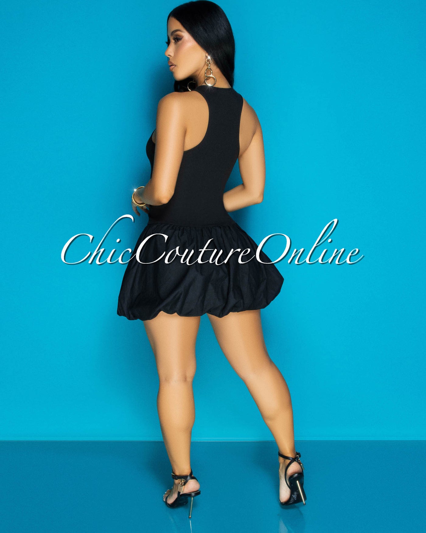 Donya Black Ribbed Bubble Mini Dress