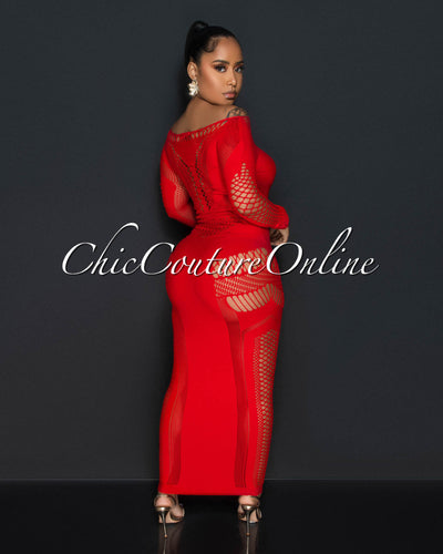Rosnie Red Mesh Perforated Body-Con Maxi Dress