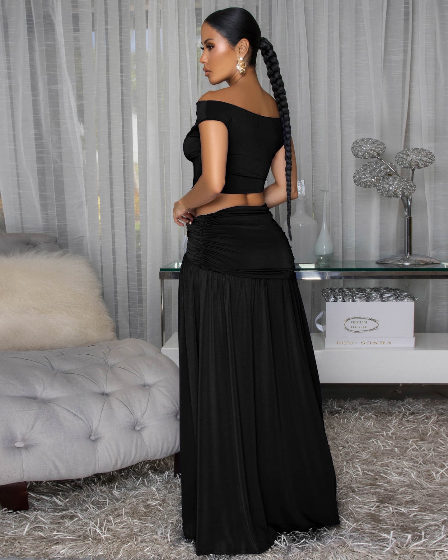 Venezia Black Gold Broach Top & Maxi Skirt Set