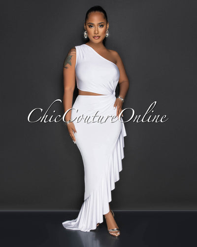 Nilia White Cut-Out Hi-Lo Ruffle Hem Maxi Dress