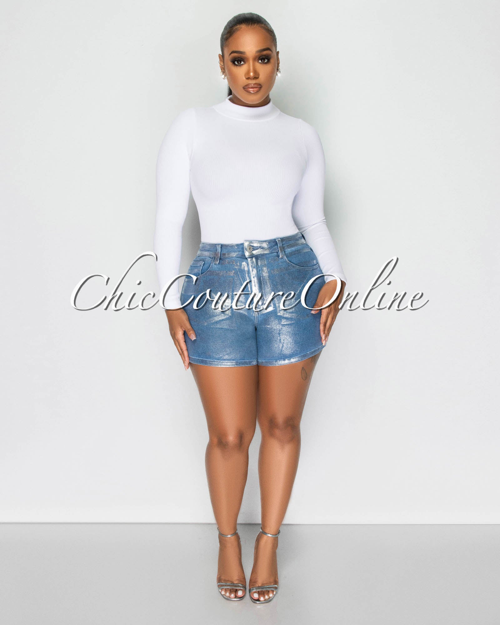 *Laena Blue Medium Denim Silver Foil Shorts
