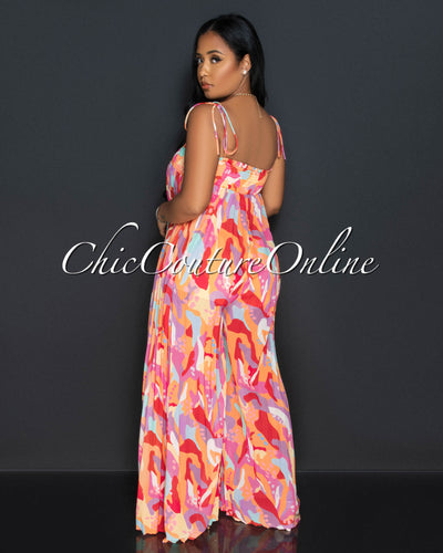 Passie Pink Orange Print Wide Pleated Jumpsuit