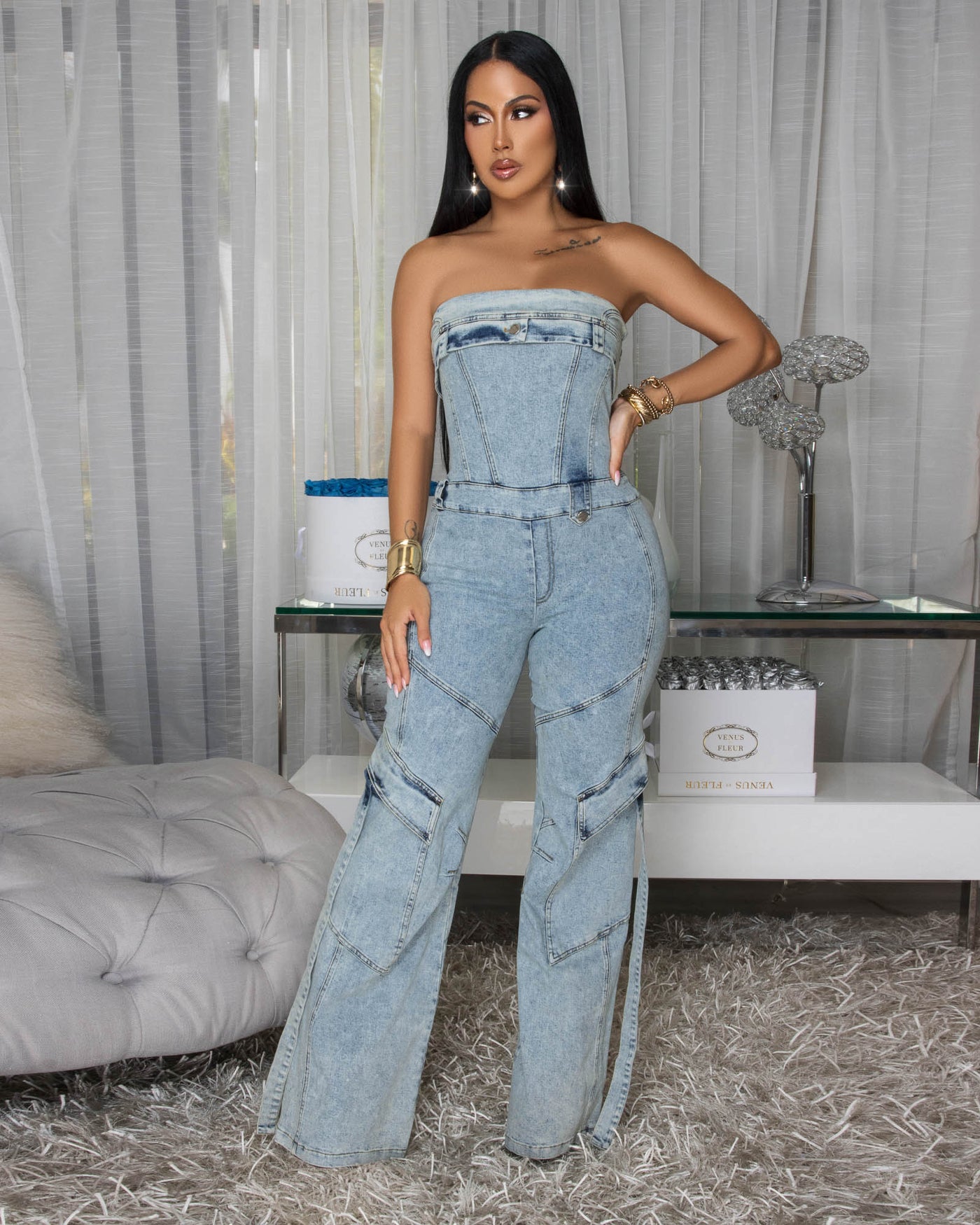 Orena Stone Acid Wash Denim Strapless Cargo Jumpsuit
