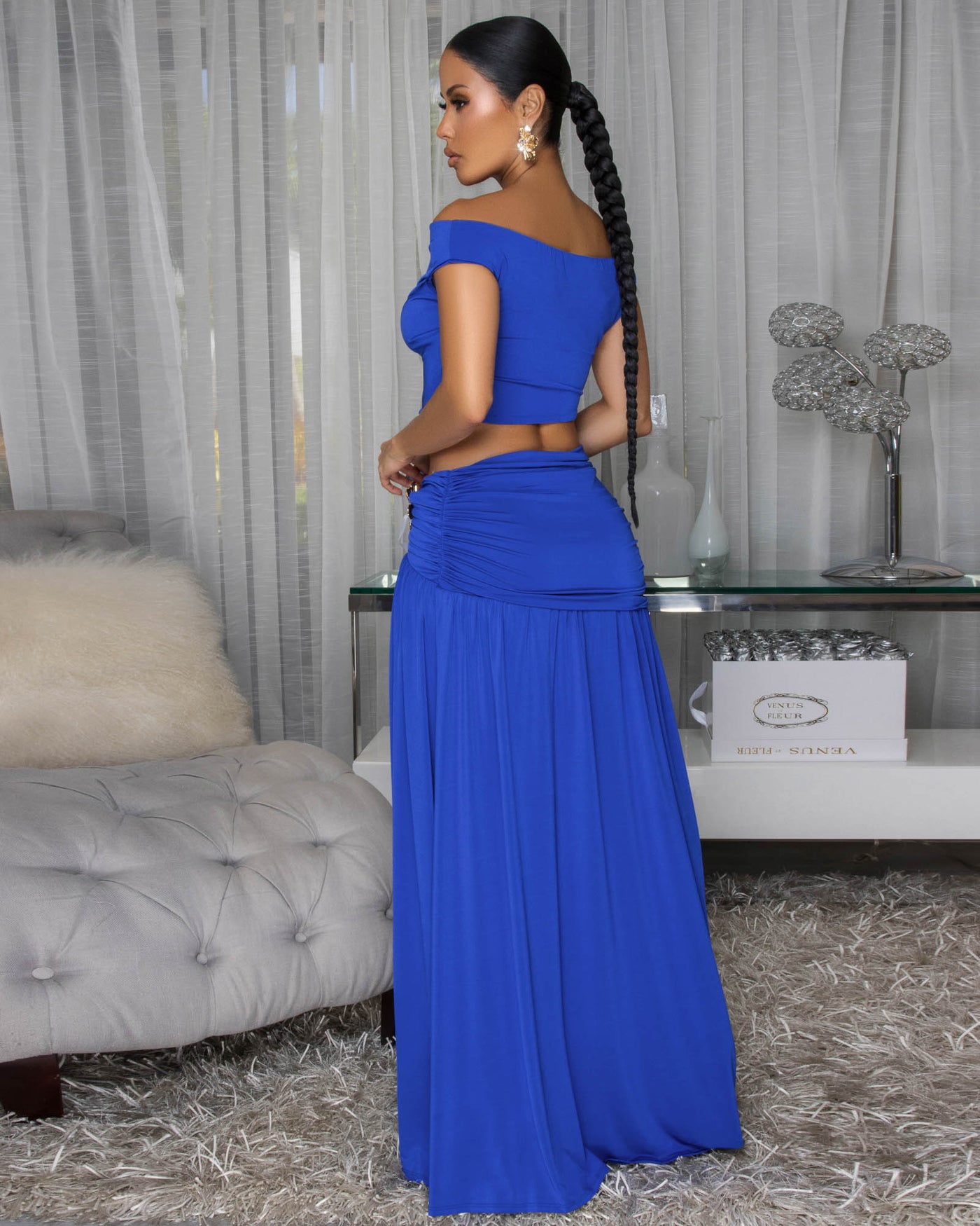Venezia Royal-Blue Gold Broach Top & Maxi Skirt Set (9/15/25)