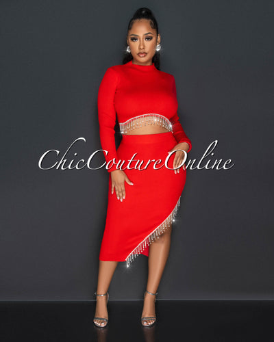 Nala Red Crop Top & Midi Skirt Rhinestones Fringe Set