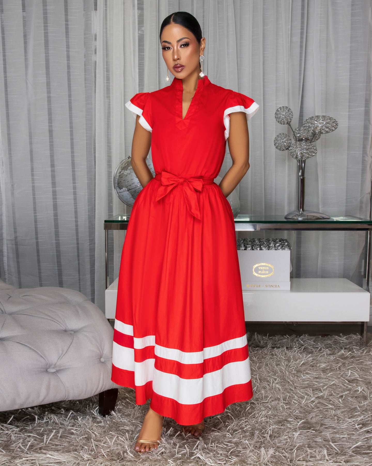 Amandine Red White Trim Woven Midi Dress