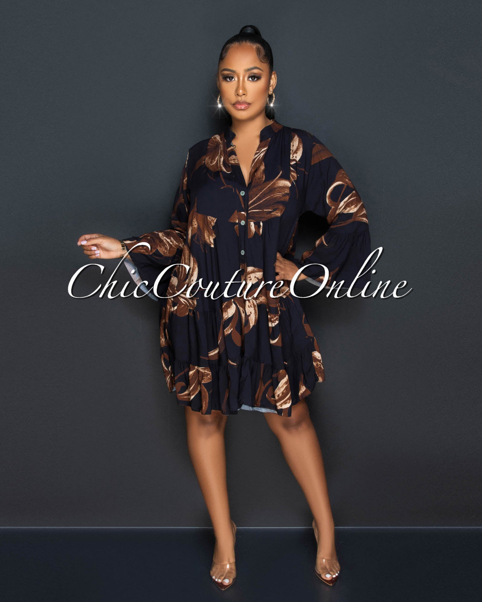 *Colissa Black Brown Floral Print Shirt Dress