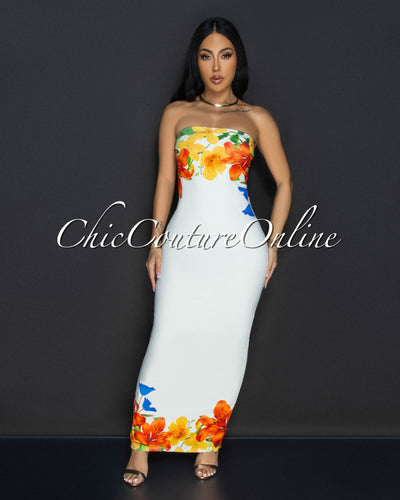 Iami Cream Floral Strapless Maxi Dress