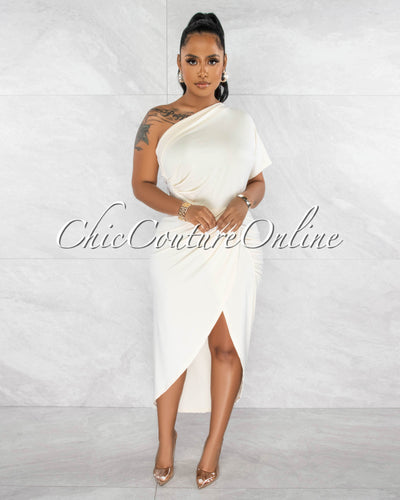 Shyla Beige Draped Front Single Shoulder Midi Dress