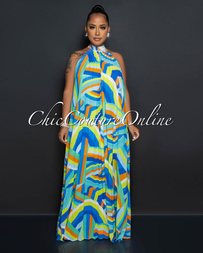 Karen Green Blue Print Halter Pleated Maxi Dress