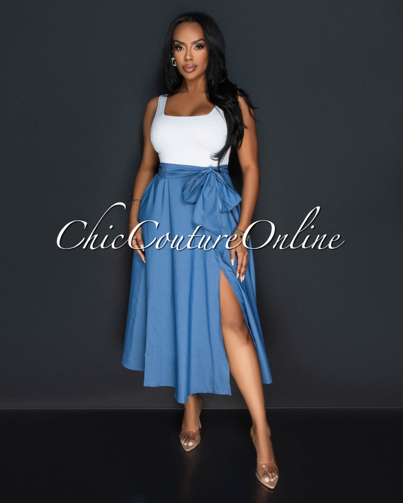 Ziranda White Top Blue Chambray Two-Tone Dress