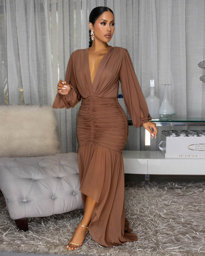 Brandi Mocha Hi-Low Mesh Maxi Dress