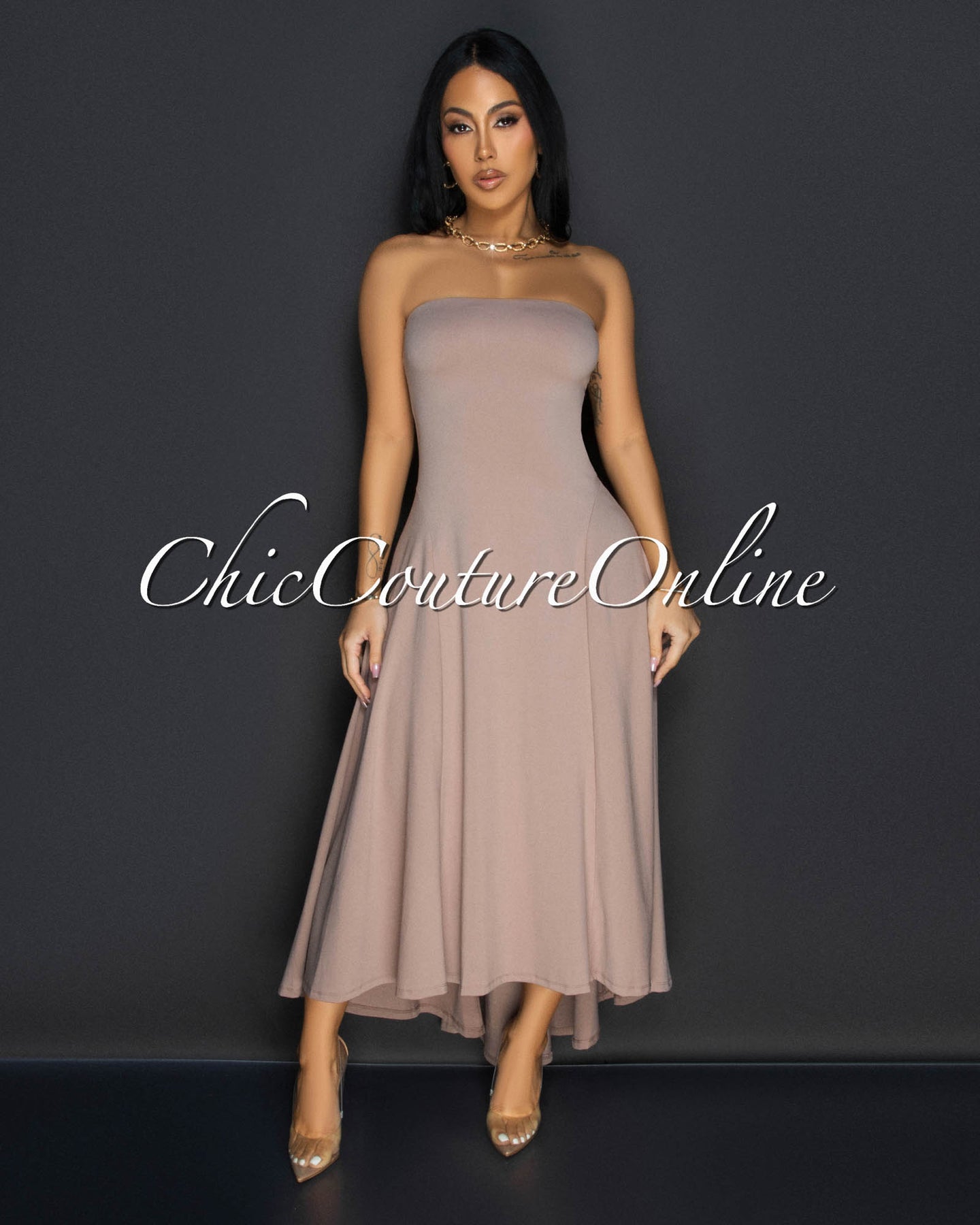 Isolde Taupe Strapless Hi Lo Dress